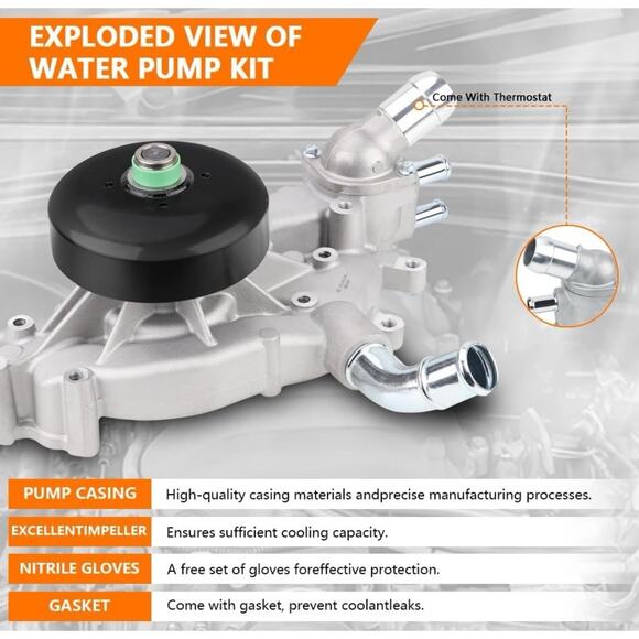 Water Pump W/ Thermostat For Chevy Silverado GMC Sierra Cadillac 4.8L 5.3L 6.0L‎ - Picture 2 of 4